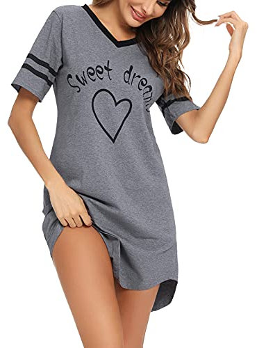Litherday Women's Nightdresses Nightshirt Cotton Nightwear Comfy Nighties Sleepwear Short Sleeve Pajama Night Dress Nightgown Loungewear(Dark Gray,XL