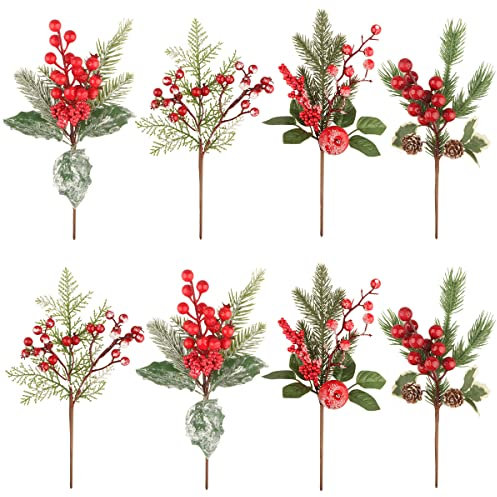 Songjum 8 Stück Künstliche Weihnachtszweige zur Dekoration, Rote Beere Weihnachtszweige Pin Kiefernzweige Dekoration mit Tannenzapfen Kiefernnadel für Weihnachtskränze Home Vase Dekor