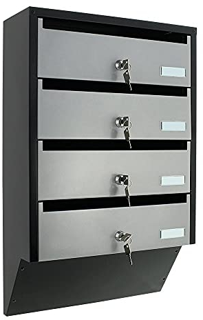 Profirst Cetiri Briefkastenanlage Silber Schwarz Stahlblech Namensschildhalter Zylinderschloss je 2 Schlüssel für 4 Parteien inkl. Befestigungsmaterial