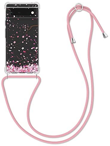 kwmobile Necklace Case kompatibel mit Google Pixel 6 Hülle - Silikon Cover mit Handykette - Rosa Dunkelbraun Transparent Kirschblütenblätter