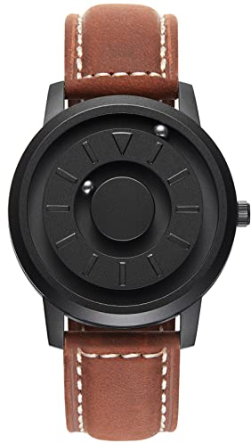 EUTOUR Uhren Herren Herrenuhr Magnet Uhr kein Glas Kugellager Quarz Armbanduhr für Männer mit Leder Armband Dunkelbraun-40mm
