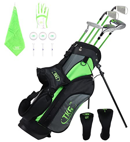 TKG Ensemble de clubs de golf pour enfants de 5 à 8 ans, sac avec support de golf avec capuche de pluie et accessoires, pour droitier