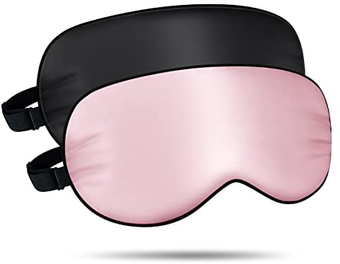 Joyhabit Lichtdichte Seiden Schlafmaske für Frauen und Herren, Weiche Angenehme Augenmaske für Pause, Reise oder Ruhige Einschlafen, Rosa-Schwarz, 2 Stück