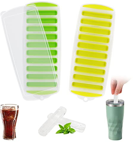2 Piezas Bandeja para Cubitos de Hielo parte Inferior de Silicona Cubitos de Hielo Reutilizables de Fácil Liberación con Tapa Extraíble para Bebidas Deportivas y Botellas de Agua (Verde/Amarillo)