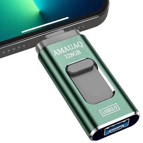 AMAUAQ Clé USB 128GB, 4 en 1 Clé USB 128 Go Photo Stick de Stockage Externe Compatible avec Téléphone, Tablette, Android, PC et Autres appareils.(Greener)