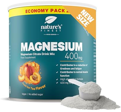 Nature's Finest Magnesium 400 mg, Trinkpulver 120 g | Magnesiumcitrat Trinkpulver - 400 mg Magnesium pro Portion - Pfirsichgeschmack, vegan, Sparpackung