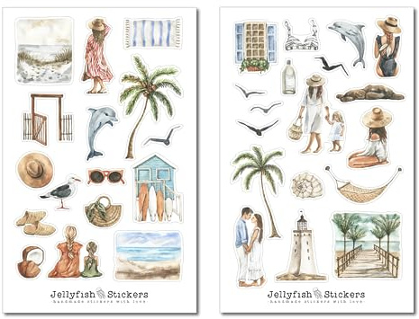 Sommer Urlaub Sticker Set - Aufkleber, Journal Sticker, Sticker Strand, Meer, Reisetagebuch, Reisen, Sonne, Ausflug, Mädchen, Familie