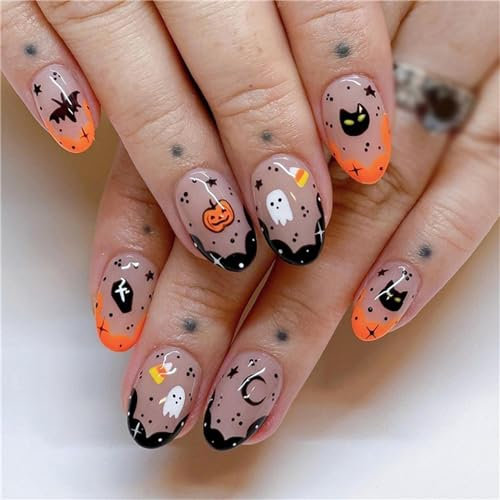 Orange Halloween False Nail Short Oval Press on Nails French Tips for Women and Girls Nail Art Decoration Manicure 24pcs