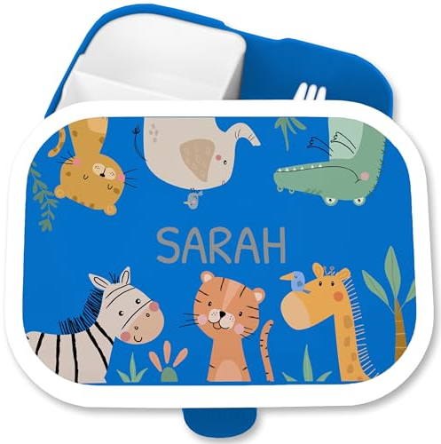 Brotdose Kinder Campus für Mepal - Zootiere Afrika Tiere Elefant Zebra Tiger Giraffe Nilpferd Löwe Krokodil - 750 ml - Blau - brotbüchse kindergarten lunchbox with name tieren elefanten snackbox