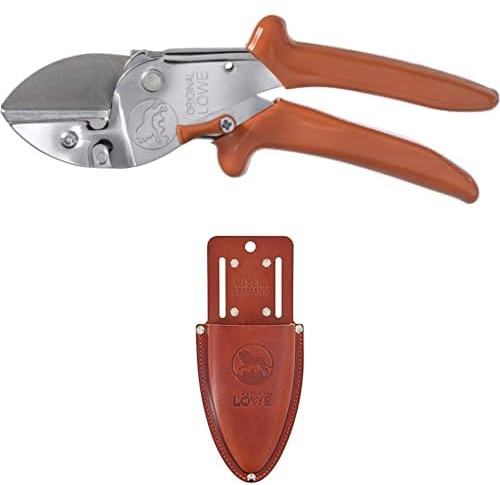 Original LÖWE 1 Set bestehend aus Profi Amboss Gartenschere 1.107 für Holzarten wie Eiche, Buche und Esche & Leder Premium Holster 9809 mit Gürtel-Clip zur Aufbewahrung am Gürtel oder Hosentasche