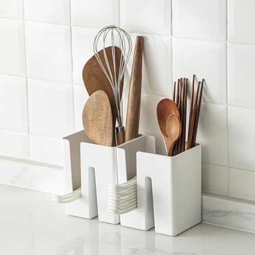 SHIMOYAMA Utensil Holder, 2 Pack, Plastic Cutlery Caddy for Sink Kitchen Countertop, Hangable Organiser with Removable Drying Plate for Bathroom Toothbrushes, White