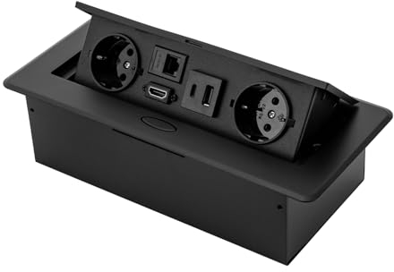 Einbausteckdose Versenkbare, Tischplatte Versteckt Steckdose, Mehrfachsteckdose mit 2 Steckdosen und 1 Satz USB-A+C LAN HDMI-Buchsen, Pop Up Steckdose Desktop für Arbeitsplatte Boden Küche, Schwarz