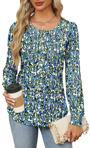 Aokosor Womens Long Sleeve Tops Ladies Jumpers Pleated Tunic Casual Sweatshirts Puff Sleeve Blouses Size 18-20 Blue Floral