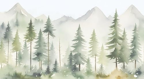 UNIK Nordic Vliestapete, BxH 200x250 cm, Tannenwald im Nebel, Tapete Aquarell Design, Fototapete Baby- und Kinderzimmer, XXL Kindertapete in hellen Farben, Wandtapete Natur Wald-Motiv, Made in Germany