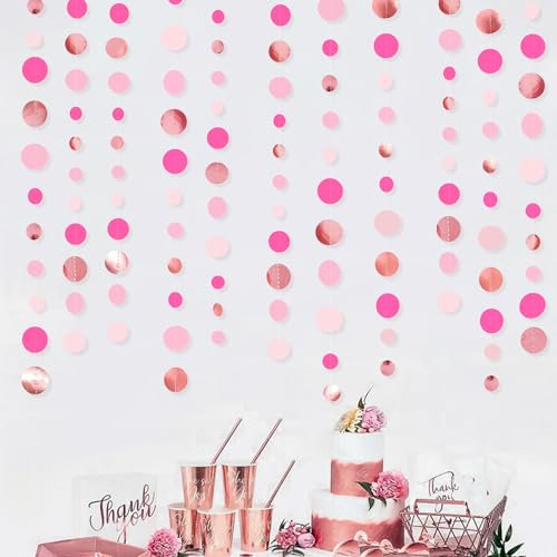 46Ft Or Rose Rose Vif à Pois Papier Guirlande Bannière Décoration de Fête Nude Rose Rose Clair Cercle Points Streamer à Suspendre pour Fille Anniversaire Bapteme Mariage Thé Octobre Rose Fête Decor