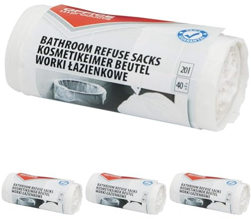 OFFICER PRODUCTS 22025169-14 Müllbeutel 20 l| 40 Stück/Rollen | Müllsack Mülltüte Abfallsäcke für Den Hausmüll | Fürs Badezimmer Standard (HDPE)| Farbe: Weiss (Packung mit 4)
