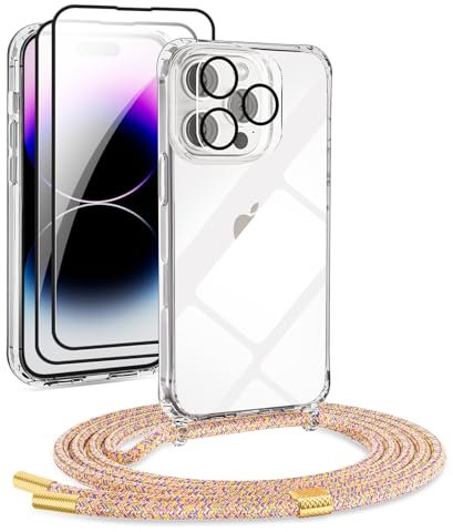 DiDaDi [5 in 1 Handykette Set für iPhone 16 Pro Necklace Hülle mit Bands+Transparent Schutzhülle+2*Schutzfolie+kameraschutz Glas, Schutzhülle zum Umhängen Kordel Case (Rainbow, iPhone 16 Pro)