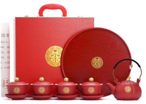 Wedding Gift Tea Set, Chinese Traditional Handmade Porcelain Red Wedding Tea Sets 4 Tea Cups 1 Tea Pot 1 Round Tray with Gift Box for Adults Married Couples