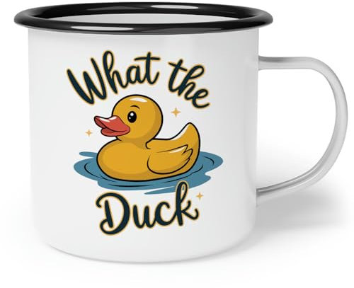 OM3® Emaille-Tasse mit Spruch - What the Duck - gelbe Ente | Emailletasse Emaille Becher | 10oz 300ml | Beidseitig Bedruckt | Metall-Tasse