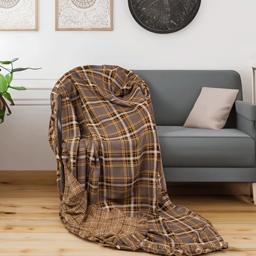 Plaid Canape Réversible en Acrylique, Vintage, Jeté Écossais Doux et Confortable, Jeté de Canapé, Décoratif à Carreaux pour Voyage, Lit, Fauteuil, Voyage, Plaid Noel (227x118 cm) (Brown)