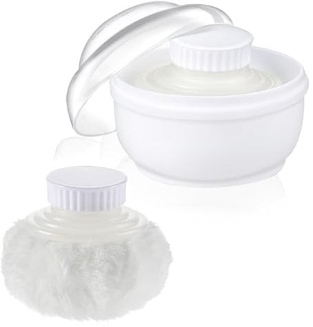 Wanmu 3.1 Inch Body Powder Puff and Container, Fluffy After Bath Body Powder Puff Box, Storage Body Powder Container with Handheld Stand for Baby Adult Daily Care (White)