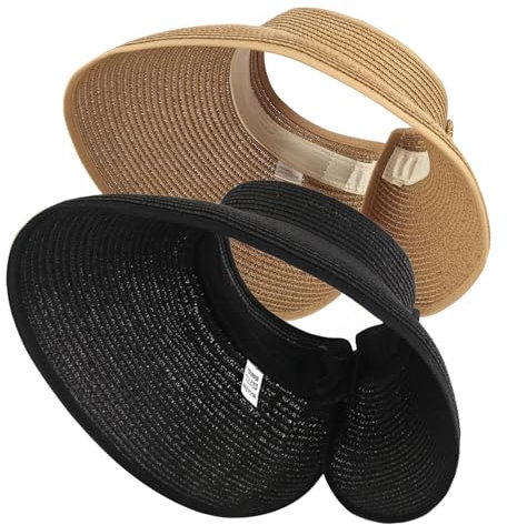 Kyzistn 2Pcs Straw Hat Women Foldable Visor Hats,Sun Visors for Women Wide Brim Straw Ponytail Summer Beach Hat(Beige+Black)