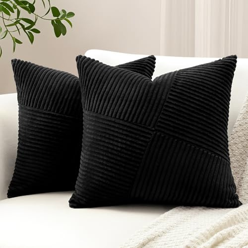 Sungeek 2er Set Cord Kissenbezüge, Windmühle Streifen Muster Kordsamt Kissenbezug Dekokissen Sofakissen Patchwork Design Deko Zierkissenbezüge Kissenhülle für Wohnzimmer (40x40cm, Schwarz)