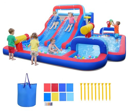 COSTWAY Inflatable Water Park, 5 in 1 Mega Kids Bouncy Castle with Dual Slides, Climbing Wall, Splash Pool, Basketball Rim and Water Cannons, Outdoor Blow Up Bounce House