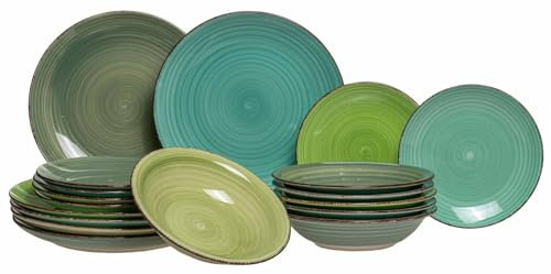 Cookinglife Delice Crockery Set 18 Pieces for 6 People 6 Dinner Plates, 6 Soup Plates and 6 Breakfast Plates Green