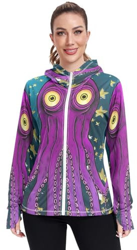 RPLIFE Purple Octopus Monster - Felpa leggera da donna, con cappuccio, UPF 50+, con cerniera, per attività all'aperto, (S-XXL), Mostro Polpo Viola, X-Large