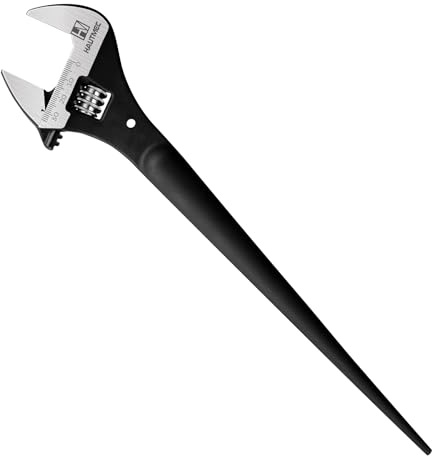HAUTMEC 12 inch Adjustable Spud Wrench, Wide Jaw Up to 1-11/32(34mm), Adjustable Spud Spanner with Tail Pry Bar Features, Black Oxide Finish, Forged CR-V Steel Metric & SAE Scales with Tether Hole