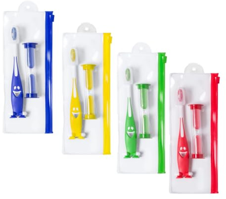 Lot de 40 brosses à dents et sablier. Brosse à dents avec corps coloré et finition douce, avec ventouses à la base. Sablier de 2 minutes. Couleurs variées