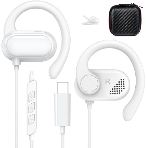 Open Ear Wired USB C Headphones Cord Type C Earbuds with Microphone White | Over Ear Earphones School Student Sport C Plug Headset Volume Control for iPhone 17 16 15 for Galaxy S26 S21 for Pixel 10 9