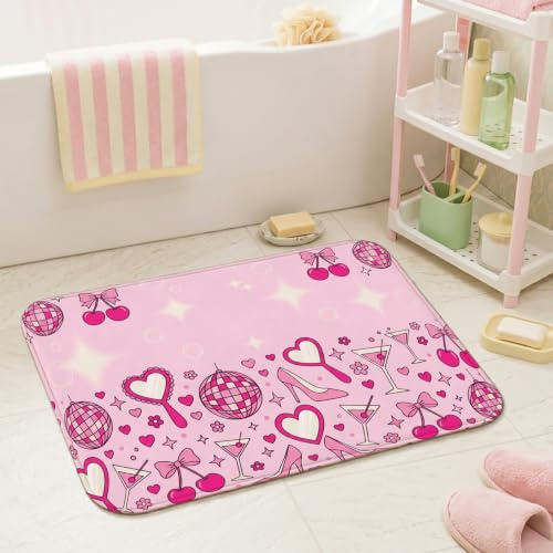 Discokugel-Badezimmerteppich, verspielt, modern, Herzen, Cocktails, Sommer, Pfirsich-Schlafsaal, Toilettenmatte für Badewanne, Dusche, Dekoration, 50,8 x 81,3 cm