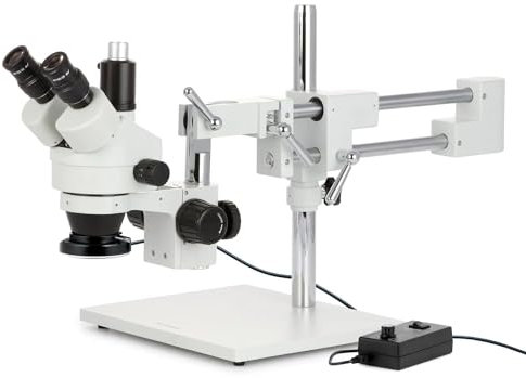 AmScope 3.5X-90X Simul-Focal Stereo Zoom Microscope on Dual Arm Boom Stand with 144-LED Ring Light