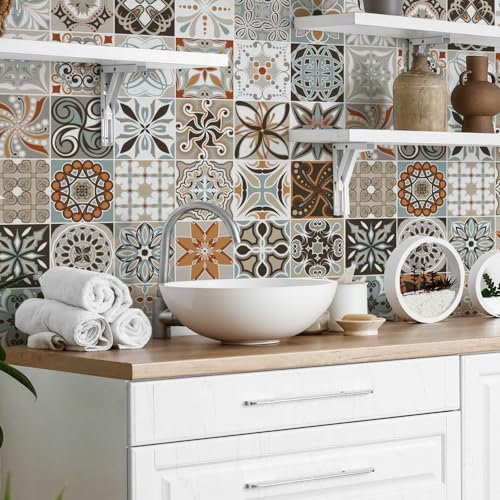 RE-COVERTILES - 15 Pcs Carrelage Autocollant 20x20 cm PS00009 Mosaïque de Azulejos Autocollant Mural Décorative à Carreaux de Ciment pour Salle de Bains et Cuisine Stickers Peel and Stick