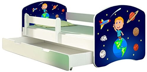 ACMA Kinderbett Jugendbett mit Einer Schublade und Matratze Weiß II 140 160 180 40 Design (180x80 cm + Bettkasten, 22 Kosmos)