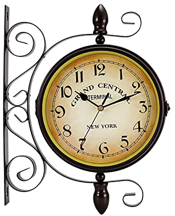 Dyna-Living Double-Sided Wall Clock 8 inch Vintage Clock Wall Mounted, 360-degree Rotation Antique Wall Clocks, Grand Central Station Clock Wrought Iron Hanging Wall Clocks