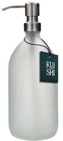Kuishi 1000ml White Matte Glass Soap Dispenser with Silver Stainless Steel Pump - Refillable BPA-Free Hand Soap Dispenser - Shampoo and Conditioner Dispenser for Kitchen & Bathroom