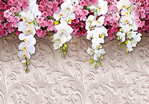 wandmotiv24 Fototapete 3D Blumen Orchideen Muster Stuck Relief, XL 350 x 245 cm - 7 Teile, Wanddeko, Wandbild, Wandtapete, Abstrakt Blüten Ornamente M6093