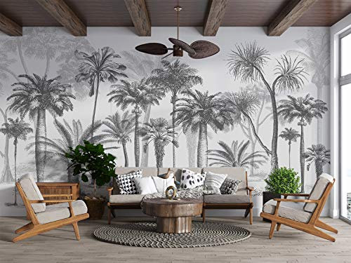 A-Gavvzq Papier Peint Panoramique jungle Soie, 200 x 140 cm, noir et blanc Sketch Tropical Rainforest Coconut Tree Poster Geant Mural Personnalisé 3D pour Salon Chambre Décoration Murale (Fond gris)