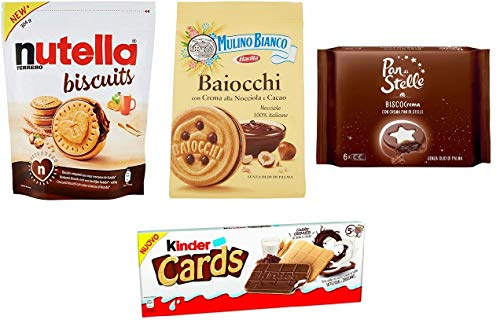 TESTPAKET Biscotti Farciti Mulino Bianco Ferrero Pan di Stelle gefüllte Kekse Nutella Biscuits - Baiocchi - Biscocrema - Kinder Cards 4 Stück biscuits cookies