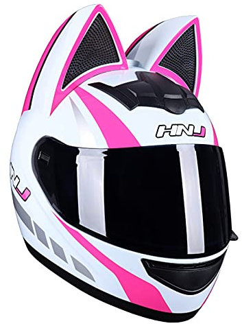 Cat Ears Motorradhelm, Herren Damen Cooler Süßer Integralhelm, Integrales Klapp-Motorrad-Lokomotive Motorradhelm DOT/ECE Zertifiziert Alle Jahreszeiten,White pink,XL