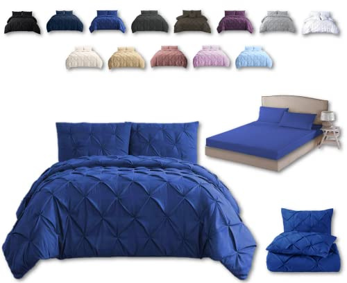 TheWhiteWater Duvet Set - 2/3 in 1 Bedding Set - Duvet Cover + Matching Pillowcases + Fitted Bed Sheets - NPolycotton Pintuck Cover (Royal Blue, 3 in 1 Bedding Set - King)