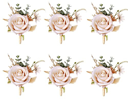 Ansofi Knopflochblumen, Set mit 6 Champagner-Gold-Knopflochblumen für Herren, Hochzeit, Zeremonie, Jahrestag, formelle Dinner-Party, Abschlussball, Anzug-Dekorationen
