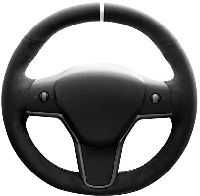 Alfanxi Alcantara Lenkradbezug für Tesla Model 3/Tesla Model Y (schwarzes Alcantara + weiße Streifen)