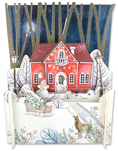 Festive Home Snowman & Sleigh 3D Pop Up Christmas Greeting Card By Alljoy Cards XPOP021