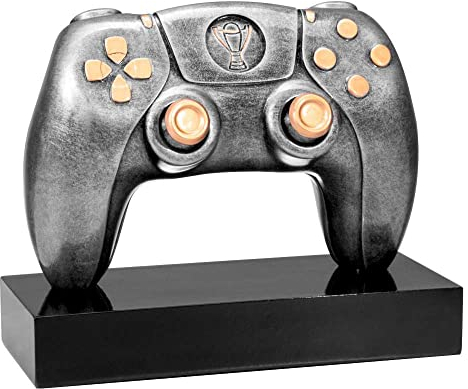 eberin · E-Sports-Pokal, Resin Gaming Controller, Silber und Bronze, mit Wunschtext und auswählbarem Motiv-Emblem 2,5 cm, Größe 15 cm