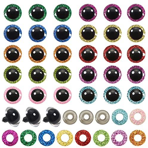 TOAOB 60 Stück 20mm Sicherheitsaugen Puppenaugen Tieraugen Kunststoff Bastel Augen Glitzer Bunt Augen mit Unterlegscheiben für Häkeltiere Marionette Puppenherstellung