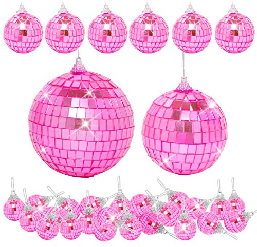 32 Pack Mini Disco Balls Decorations Different Sizes Mirror Ball with Hanging String Small Disco Ball Ornament for Disco Theme Party Cake Topper DJ Club Christmas Wedding Home Decor (Pink)
